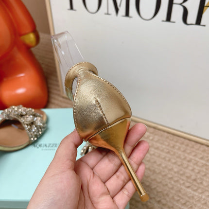 AQUAZZURA 26S HIGH-HEEL SANDALS 85 MM IN LIGHT GOLD LEATHER & CRYSTALS