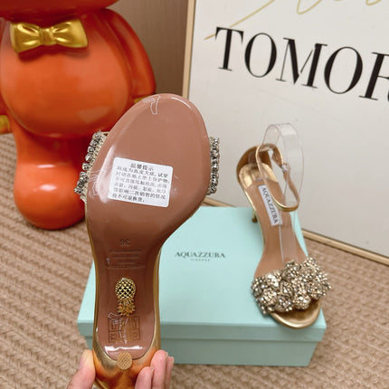 AQUAZZURA 26S HIGH-HEEL SANDALS 85 MM IN LIGHT GOLD LEATHER & CRYSTALS