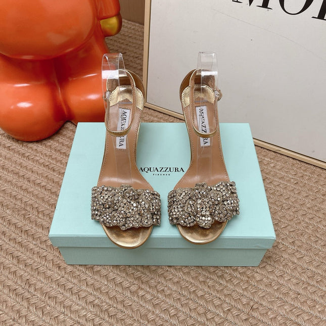 AQUAZZURA 26S HIGH-HEEL SANDALS 85 MM IN LIGHT GOLD LEATHER & CRYSTALS