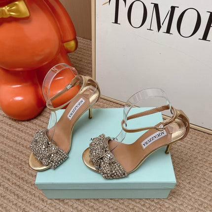 AQUAZZURA 26S HIGH-HEEL SANDALS 85 MM IN LIGHT GOLD LEATHER & CRYSTALS