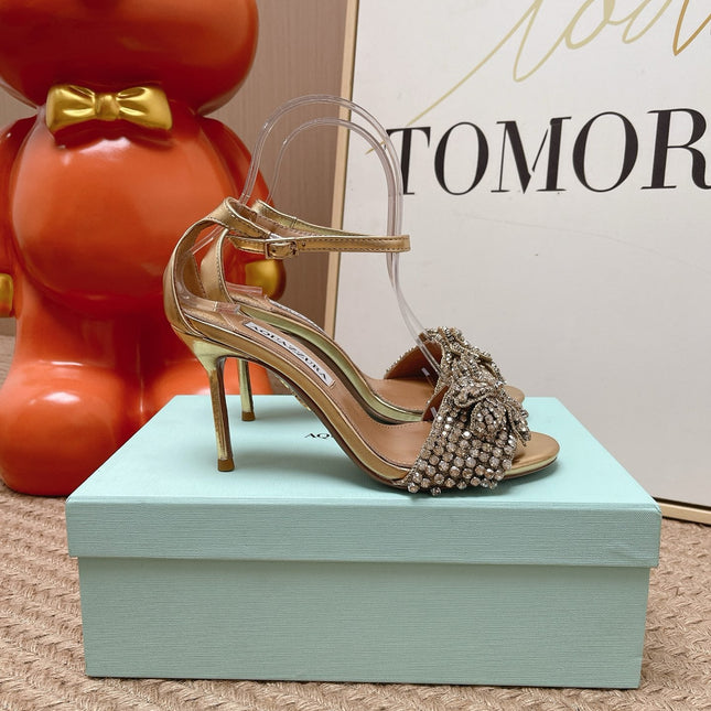 AQUAZZURA 26S HIGH-HEEL SANDALS 85 MM IN LIGHT GOLD LEATHER & CRYSTALS