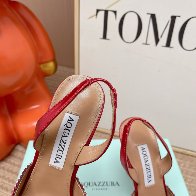 AQUAZZURA 26S GATSBY SLING PUMPS 105 MM IN RED SEQUINED