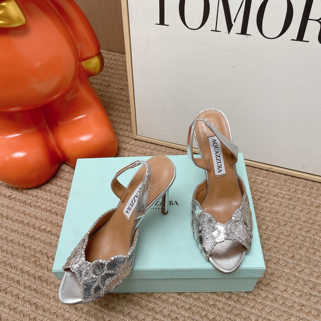 AQUAZZURA 26S GATSBY SLING PUMPS 105 MM IN SILVER SEQUINED