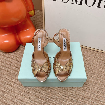 AQUAZZURA 26S GATSBY SLING PUMPS 105 MM IN LIGHT GOLD SEQUINED