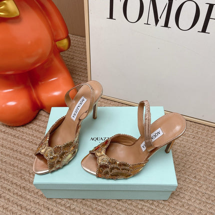 AQUAZZURA 26S GATSBY SLING PUMPS 105 MM IN LIGHT GOLD SEQUINED