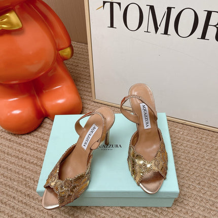 AQUAZZURA 26S GATSBY SLING PUMPS 105 MM IN LIGHT GOLD SEQUINED