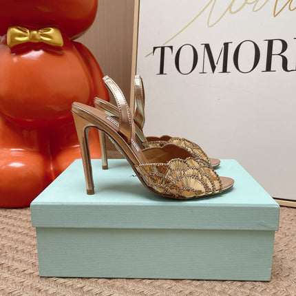 AQUAZZURA 26S GATSBY SLING PUMPS 105 MM IN LIGHT GOLD SEQUINED
