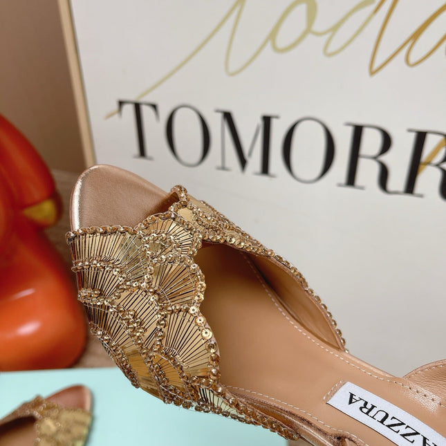 AQUAZZURA 26S GATSBY SLING PUMPS 105 MM IN LIGHT GOLD SEQUINED