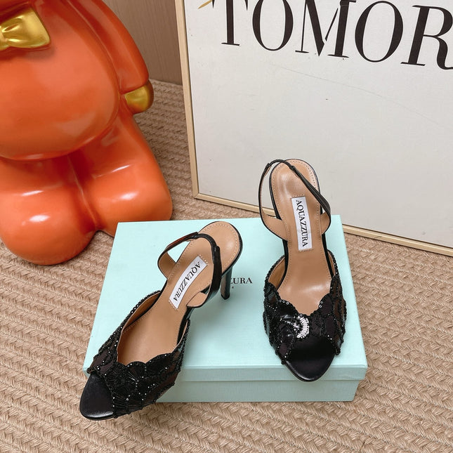 AQUAZZURA 26S GATSBY SLING PUMPS 105 MM IN BLACK SEQUINED