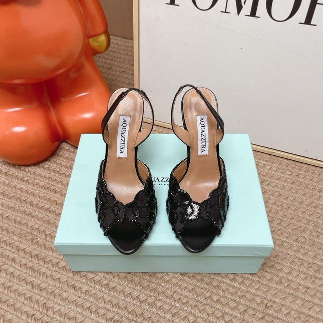 AQUAZZURA 26S GATSBY SLING PUMPS 105 MM IN BLACK SEQUINED