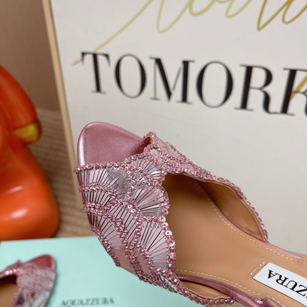 AQUAZZURA 26S GATSBY SLING PUMPS 105 MM IN METALLIC PINK SEQUINED