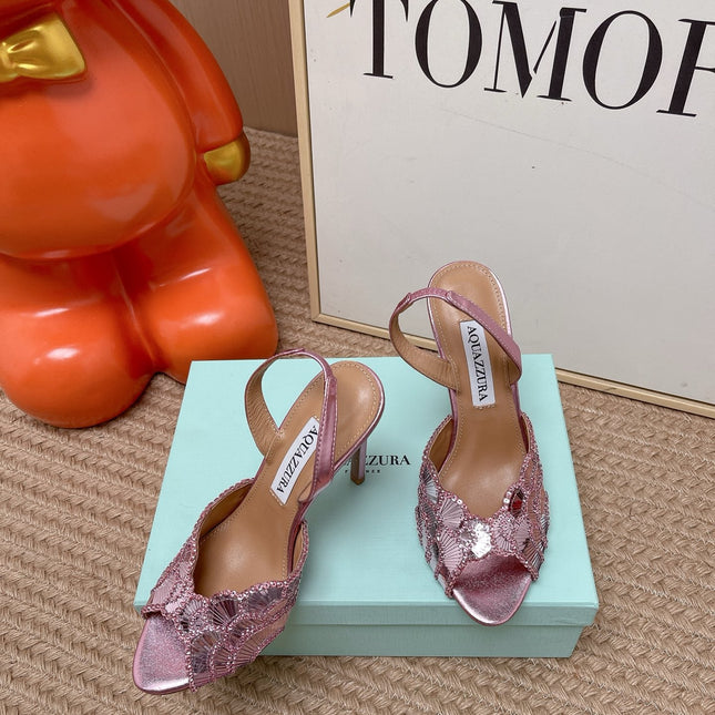 AQUAZZURA 26S GATSBY SLING PUMPS 105 MM IN METALLIC PINK SEQUINED