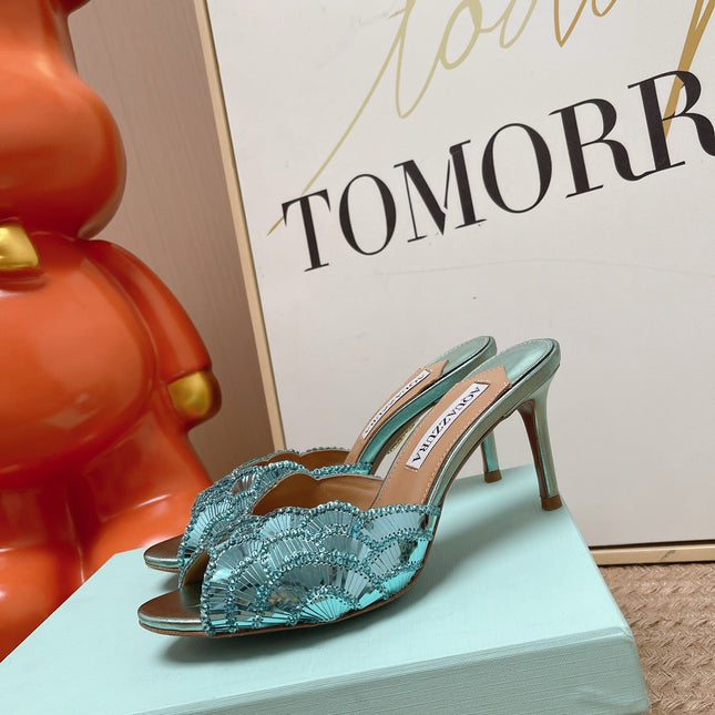 AQUAZZURA 26S GATSBY MULES 105 MM IN METALLIC LIGHT BLUE SEQUINED