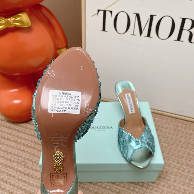 AQUAZZURA 26S GATSBY MULES 105 MM IN METALLIC LIGHT BLUE SEQUINED