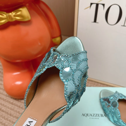 AQUAZZURA 26S GATSBY MULES 105 MM IN METALLIC LIGHT BLUE SEQUINED