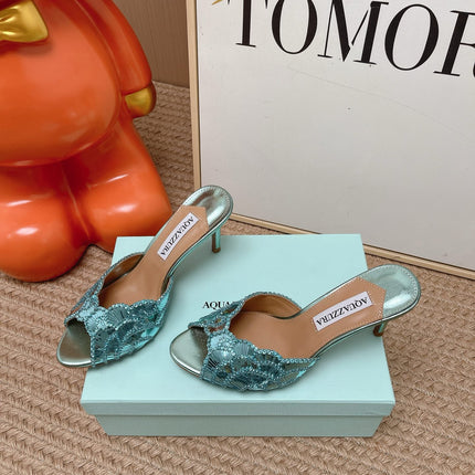 AQUAZZURA 26S GATSBY MULES 105 MM IN METALLIC LIGHT BLUE SEQUINED