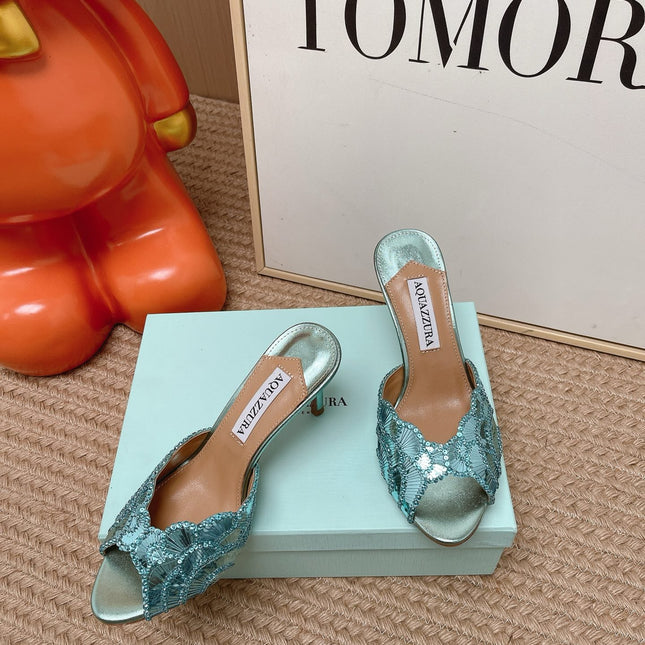 AQUAZZURA 26S GATSBY MULES 105 MM IN METALLIC LIGHT BLUE SEQUINED