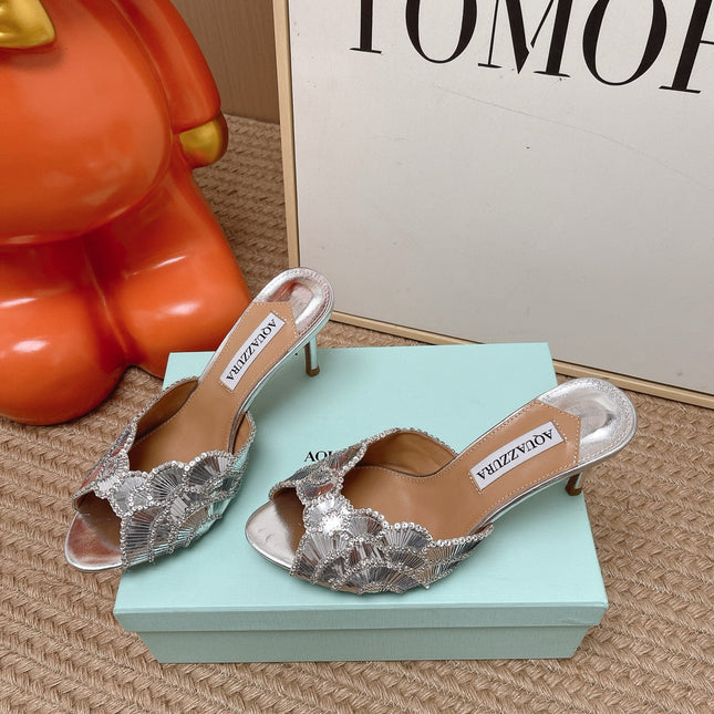 AQUAZZURA 26S GATSBY MULES 105 MM IN SILVER SEQUINED