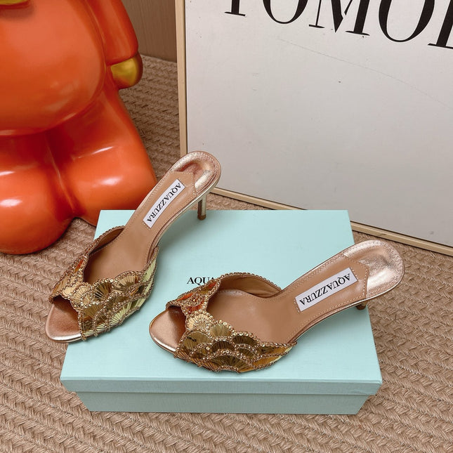 AQUAZZURA 26S GATSBY MULES 105 MM IN LIGHT GOLD SEQUINED