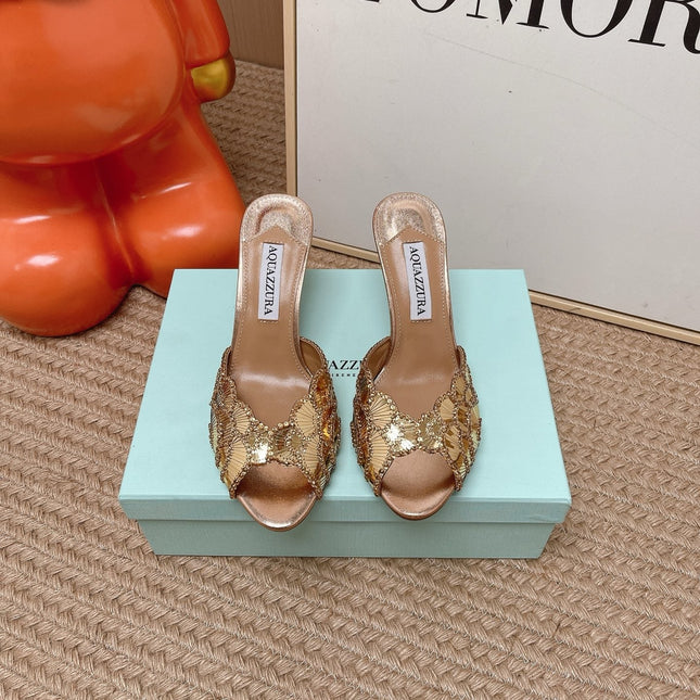 AQUAZZURA 26S GATSBY MULES 105 MM IN LIGHT GOLD SEQUINED