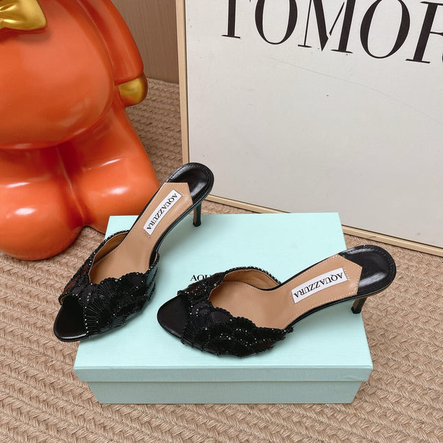 AQUAZZURA 26S GATSBY MULES 105 MM IN BLACK SEQUINED