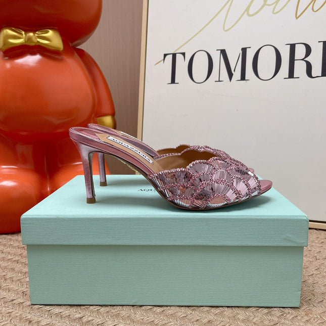 AQUAZZURA 26S GATSBY MULES 105 MM IN METALLIC PINK SEQUINED