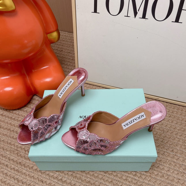 AQUAZZURA 26S GATSBY MULES 105 MM IN METALLIC PINK SEQUINED