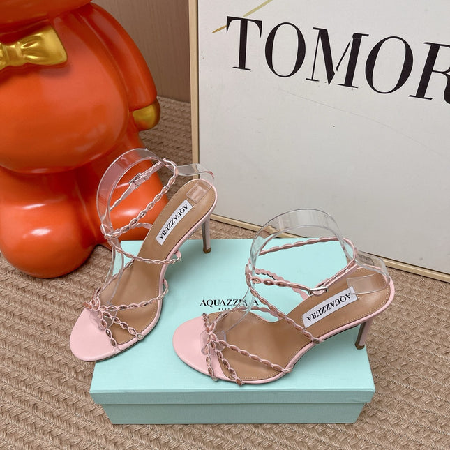 AQUAZZURA 26S HIGH HEELS 100 MM IN LIGHT PINK LAMBSKIN CRYSTAL EMBELLISHED