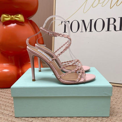 AQUAZZURA 26S HIGH HEELS 100 MM IN LIGHT PINK LAMBSKIN CRYSTAL EMBELLISHED
