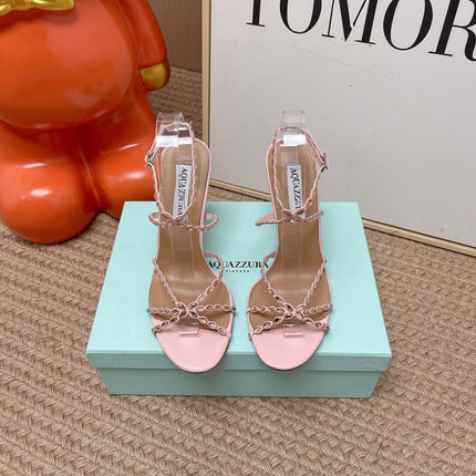 AQUAZZURA 26S HIGH HEELS 100 MM IN LIGHT PINK LAMBSKIN CRYSTAL EMBELLISHED