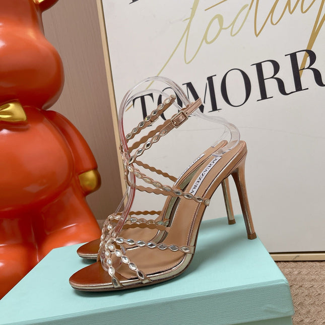 AQUAZZURA 26S HIGH HEELS 100 MM IN ROSE GOLD LAMBSKIN CRYSTAL EMBELLISHED