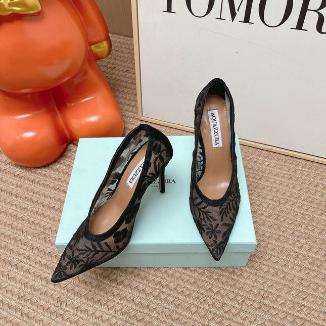 AQUAZZURA 26S HIGH HEELS IN BLACK FLORAL EMBROIDERED MESH