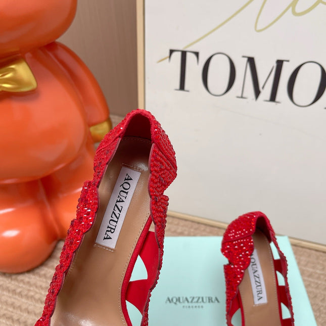 AQUAZZURA 26S POINTED-TOE HEELS 85 MM IN RED RHINESTONE EMBELLISHED