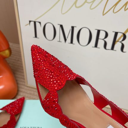 AQUAZZURA 26S POINTED-TOE HEELS 85 MM IN RED RHINESTONE EMBELLISHED