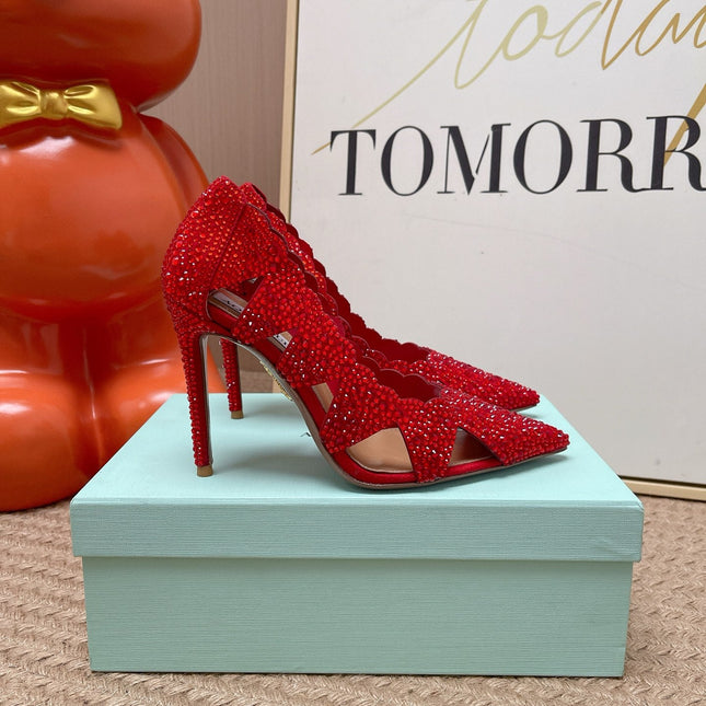 AQUAZZURA 26S POINTED-TOE HEELS 85 MM IN RED RHINESTONE EMBELLISHED