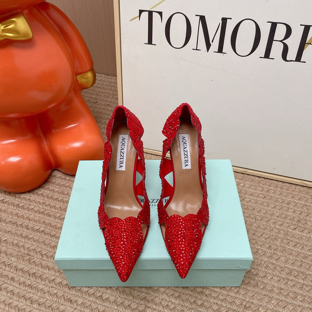AQUAZZURA 26S POINTED-TOE HEELS 85 MM IN RED RHINESTONE EMBELLISHED
