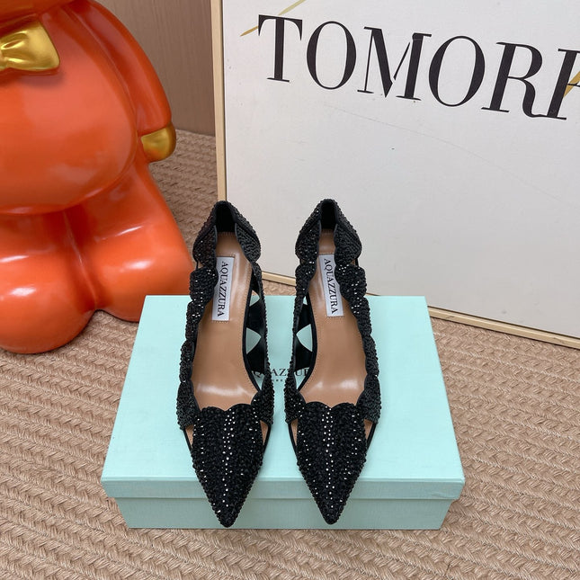 AQUAZZURA 26S POINTED-TOE HEELS 85 MM IN BLACK RHINESTONE EMBELLISHED