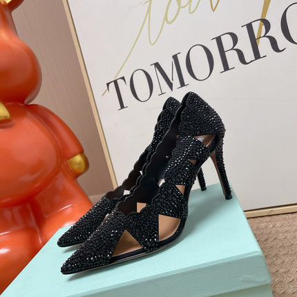 AQUAZZURA 26S POINTED-TOE HEELS 85 MM IN BLACK RHINESTONE EMBELLISHED