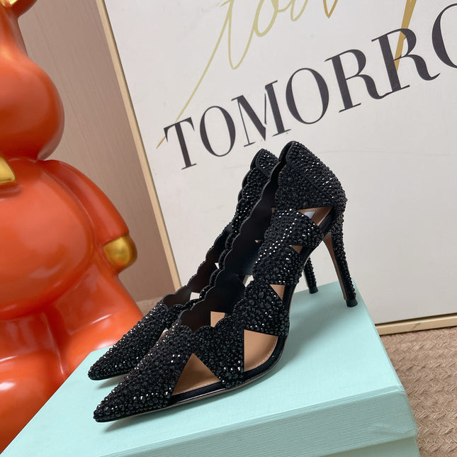 AQUAZZURA 26S POINTED-TOE HEELS 85 MM IN BLACK RHINESTONE EMBELLISHED
