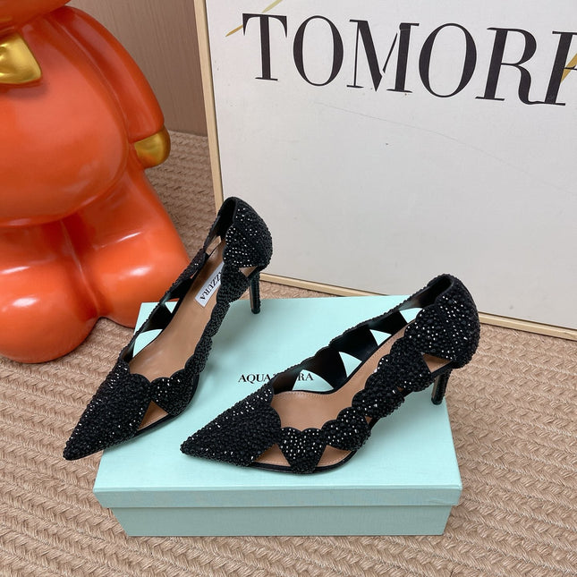 AQUAZZURA 26S POINTED-TOE HEELS 85 MM IN BLACK RHINESTONE EMBELLISHED