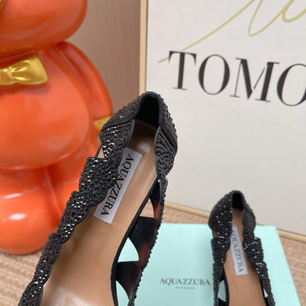 AQUAZZURA 26S POINTED-TOE HEELS 85 MM IN BLACK RHINESTONE EMBELLISHED