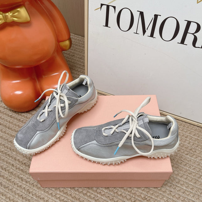 MIUMIU 26S SNEAKER IN GREY SUEDE AND SILVER FABRIC STYLE 6