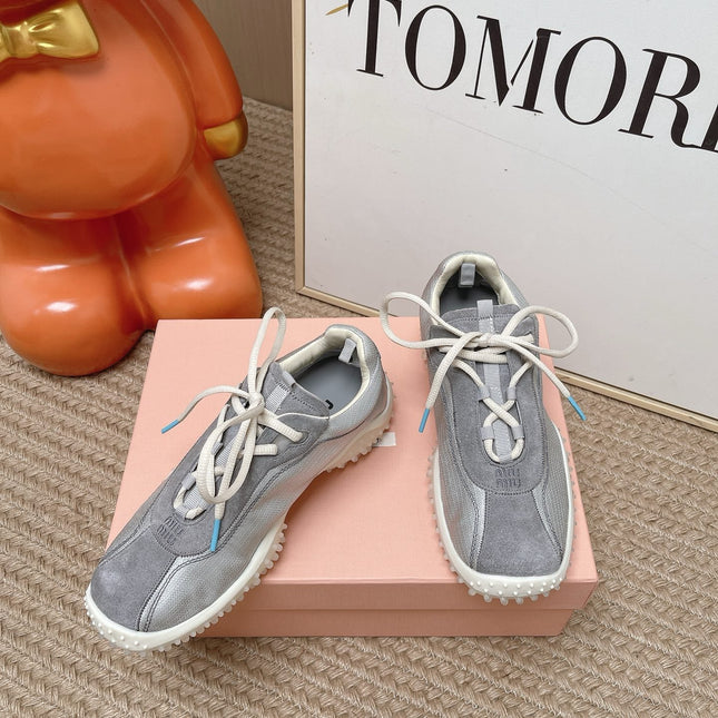 MIUMIU 26S SNEAKER IN GREY SUEDE AND SILVER FABRIC STYLE 6