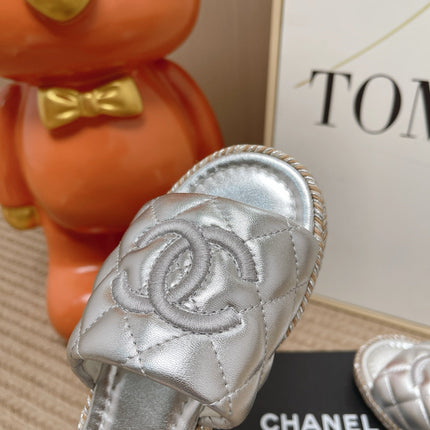 CHANEL 26S WEDGE SANDALS IN SILVER LAMBSKIN