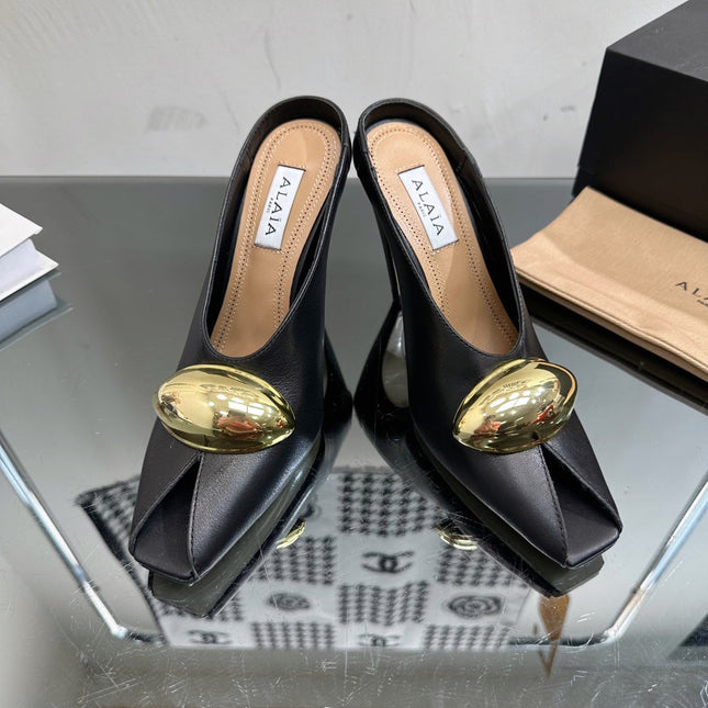 ALAIA AZZEDINE HIGH HEELS IN BLACK CALFSKIN WITH GOLD HARDWARE