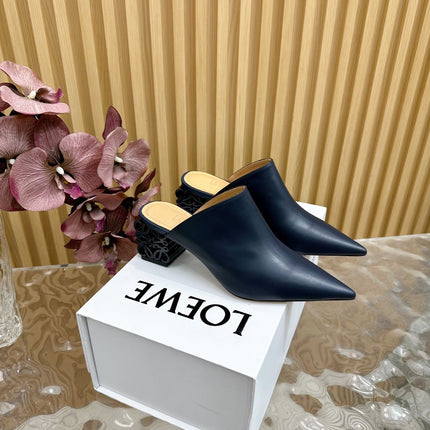 LOEWE 26S POINTED MULE PUMPS 45MM IN BLUE BLACK CALFSKIN WITH ANAGRAM HEEL