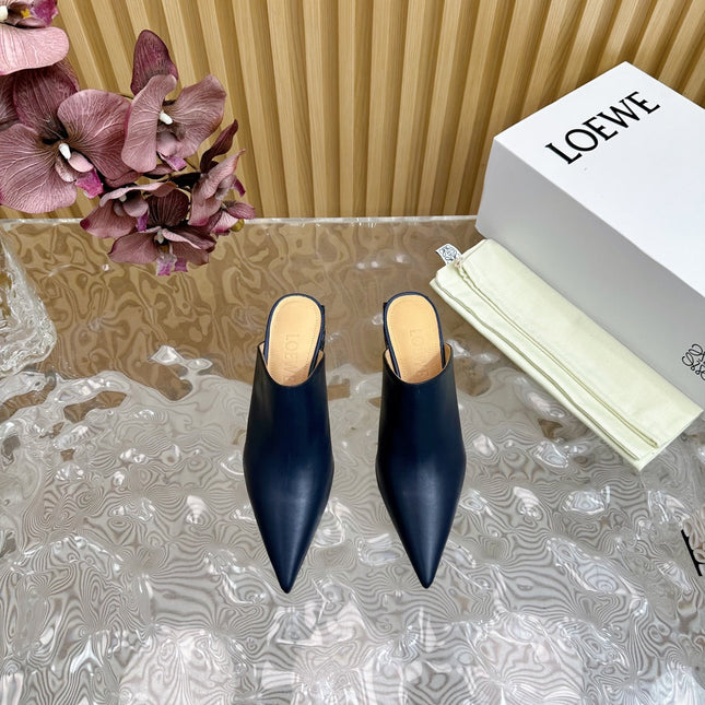 LOEWE 26S POINTED MULE PUMPS 45MM IN BLUE BLACK CALFSKIN WITH ANAGRAM HEEL