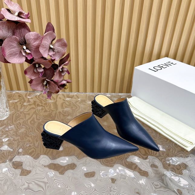 LOEWE 26S POINTED MULE PUMPS 45MM IN BLUE BLACK CALFSKIN WITH ANAGRAM HEEL