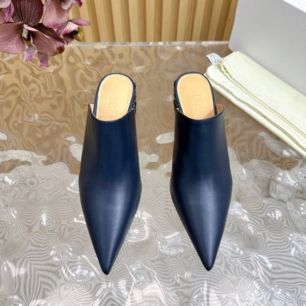 LOEWE 26S POINTED MULE PUMPS 45MM IN BLUE BLACK CALFSKIN WITH ANAGRAM HEEL