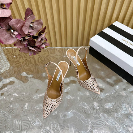 AQUAZZURA 26S SLINGBACK PUMPS 105 MM IN BEIGE CALFSKIN WITH CRYSTAL